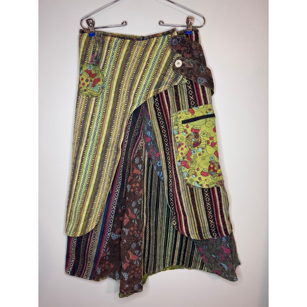 Kathmandu Imports Patchwork Mushroom Boho Midi Skirt Green Cotton Womens Medium